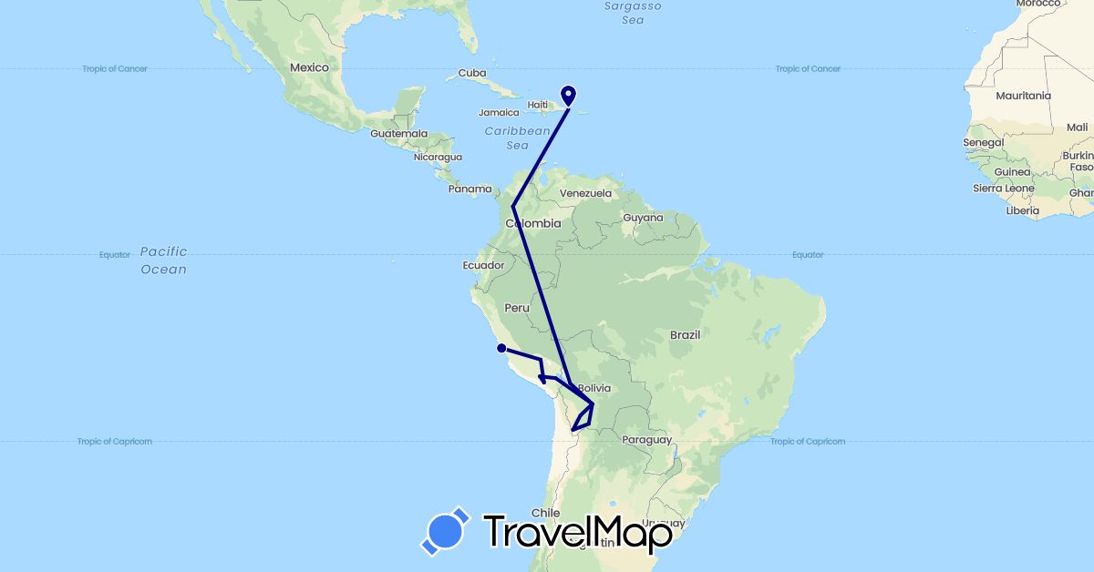 TravelMap itinerary: driving in Bolivia, Colombia, Dominican Republic, Peru (North America, South America)